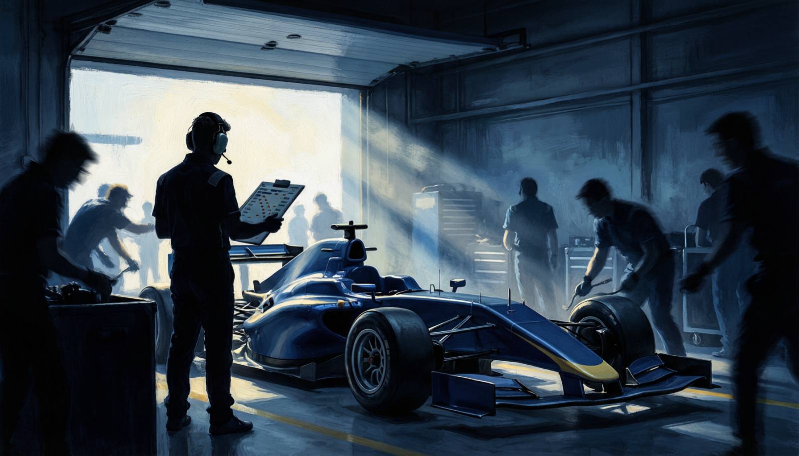 F1车队维修站示意图（AI生成）